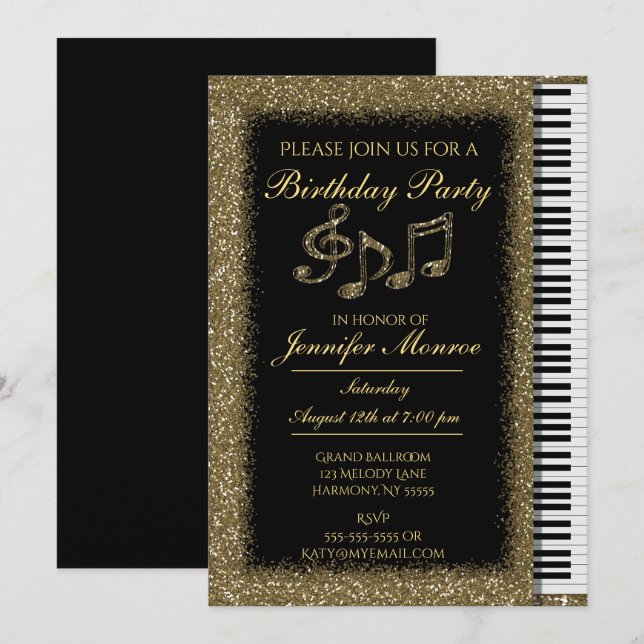 Invitación Piano Purpurina de oro de la fiesta de cumpleaños (Anverso / Reverso)