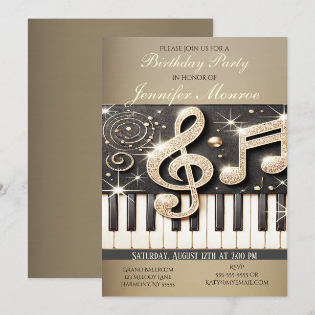 Invitación Piano Purpurina de oro de la fiesta de cumpleaños (Anverso / Reverso)
