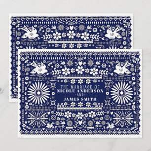 Invitación Picado Azul Blanco Papel Boda Matrimonio Mexicano