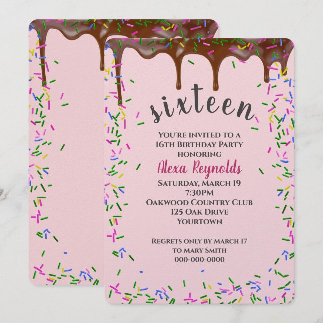 Invitación Picado de chocolate con salpicaduras para 16 años (Anverso / Reverso)