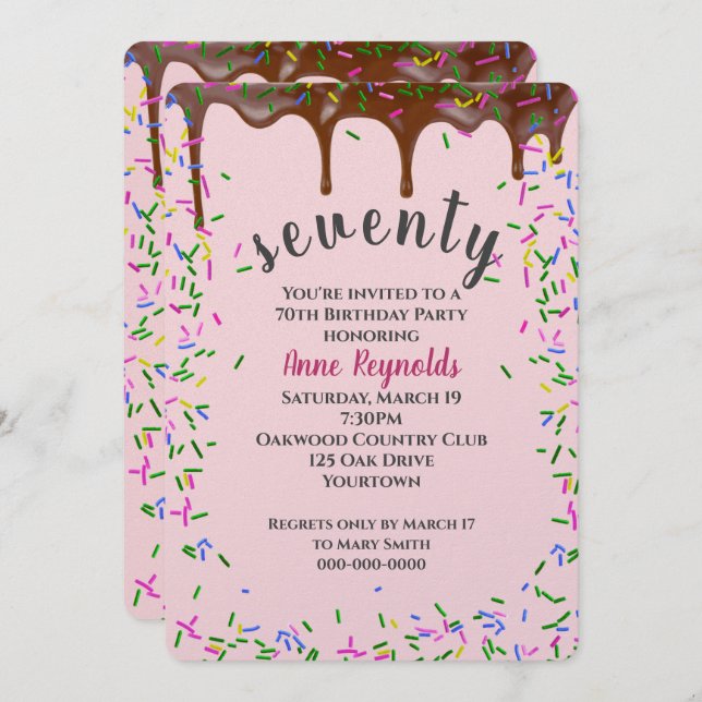 Invitación Picado de chocolate con salpicaduras por 70 años (Anverso / Reverso)