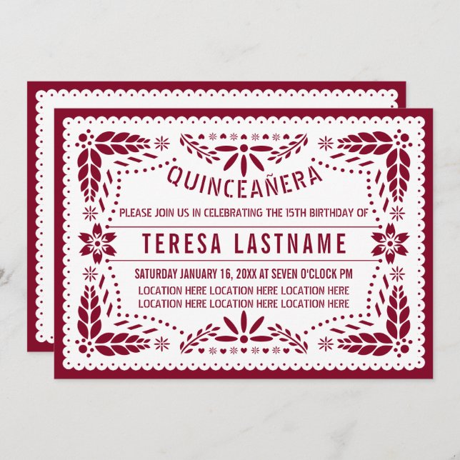 Invitación Picado de papel burgundy, quinceañera mexicana bla (Anverso / Reverso)