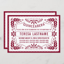 Invitación Picado de papel burgundy, quinceañera mexicana bla