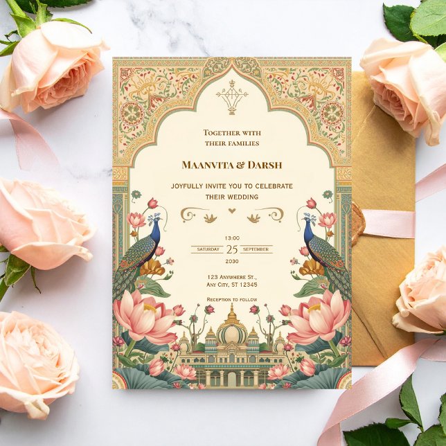 Invitación Pichwai Indian Peacock Lotus Wedding Invitation (Subido por el creador)