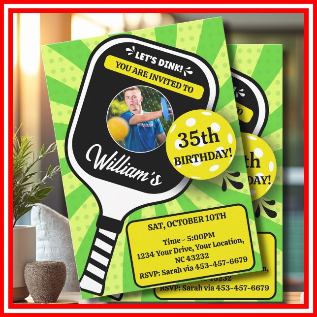 Invitación Pickleball Birday RETRO Green Sports FOTO (Pickleball Birthday RETRO Green Stripes Sports PHOTO Invitation )