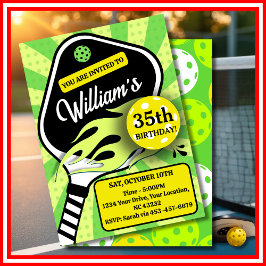 Invitación Pickleball Birday RETRO Stripes Green Sports