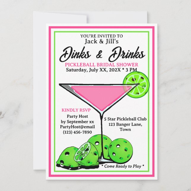 Invitación Pickleball Bridal Shower Dinks & Drinks Pink Cosmo (Anverso)