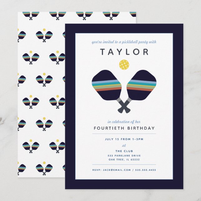 Invitación Pickleball Fiesta Sports Dark Blue Striped Paddles (Anverso / Reverso)