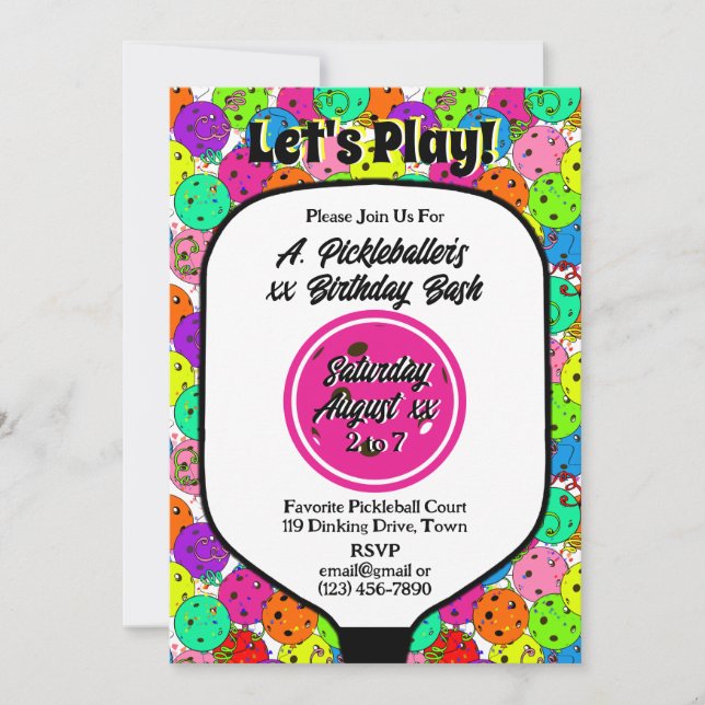 Invitación Pickleball Party Balloons Confetti Magenta Photo (Anverso)