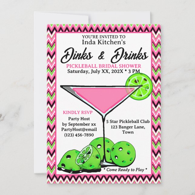 Invitación Pickleball Shower Dinks & Drinks Pink Chevron (Anverso)