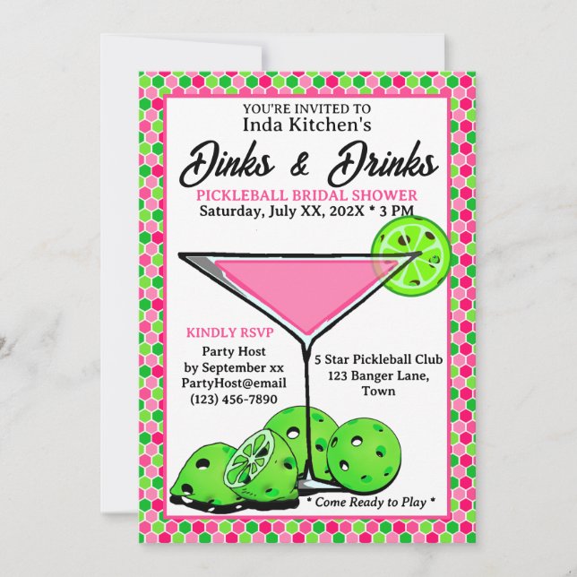 Invitación Pickleball Shower Dinks & Drinks Pink Honeycomb (Anverso)