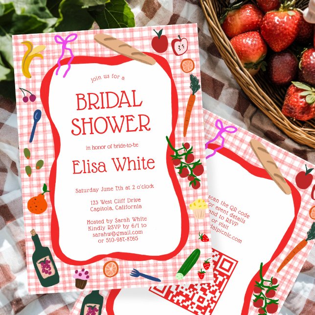 Invitación Pícnic de Cuadros Modernos y Lindos Código QR Pers (Gingham Picnic Modern Cute CUSTOM QR Bridal Shower Invitation
)
