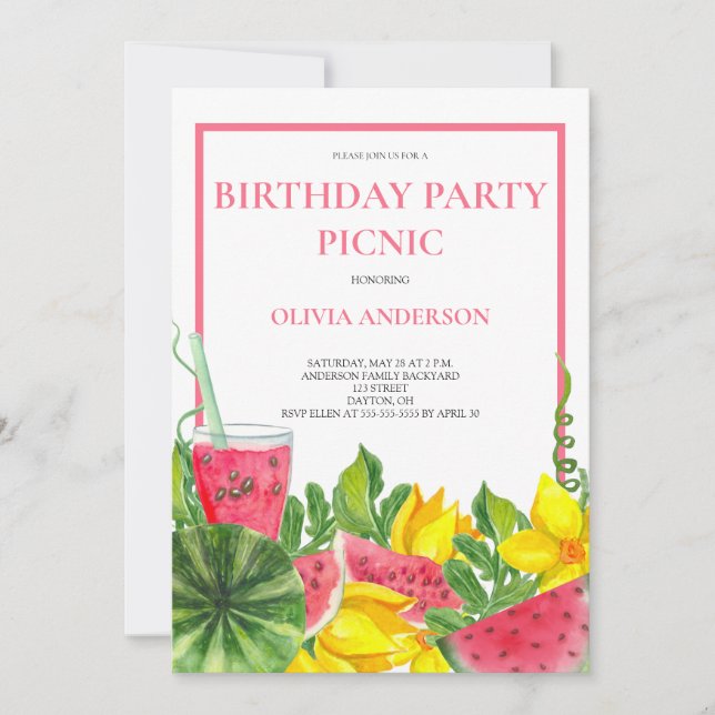Invitación Picnic de la fiesta de cumpleaños de Cute Watermel (Anverso)