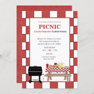 Invitación Picnic de manteles rojos BBQ al aire libre Grill