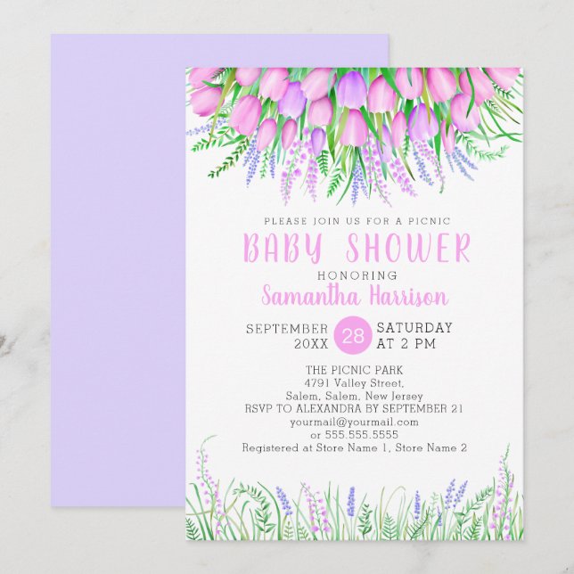 Invitación Picnic de tulipanes de lavanda de primavera floral (Anverso / Reverso)