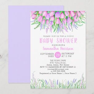 Invitación Picnic de tulipanes de lavanda de primavera floral