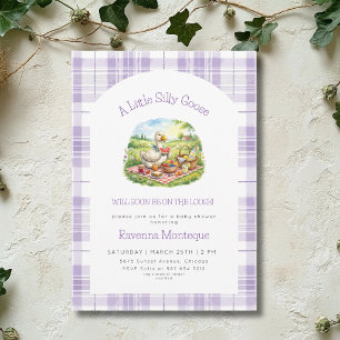 Invitación Pícnic del Ganso Tonto Baby Shower de Gingham Púrp