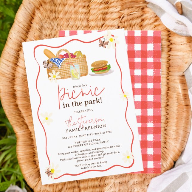 Invitación Pícnic divertido de rojo de verano reunión familia (Summer red Fun Picnic in the park family reunion Invitation)