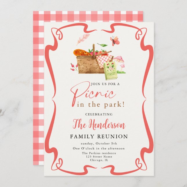 Invitación Picnic divertido de rojo verano en la reunión fami (Anverso / Reverso)