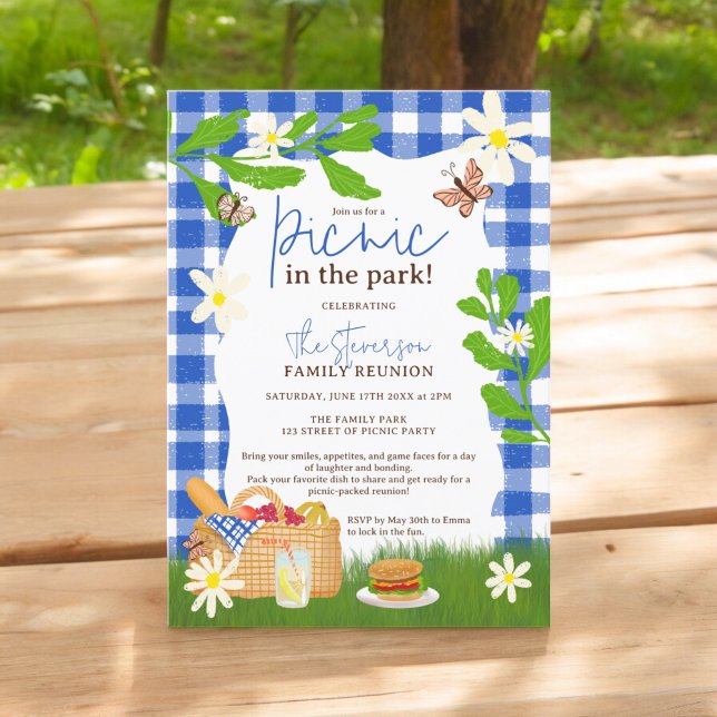 Invitación Picnic divertido de verano azul en la reunión fami (Summer blue cool Fun Picnic in the park family reunion Invitation)