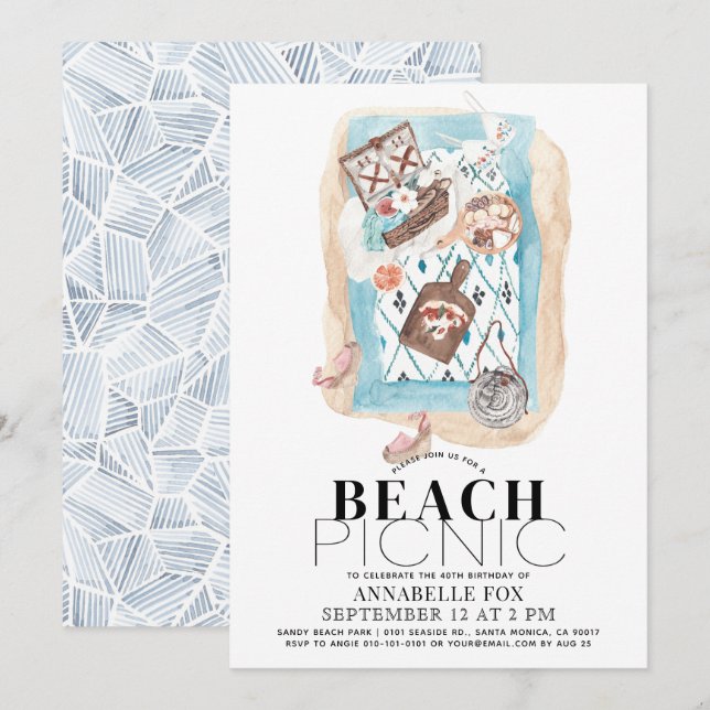 Invitación Picnic en el cumpleaños de los adultos en la playa (Anverso / Reverso)