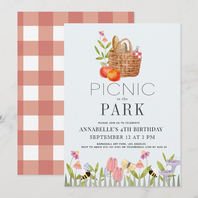 Invitación Picnic en el cumpleaños floral de Park Basket (Anverso / Reverso)