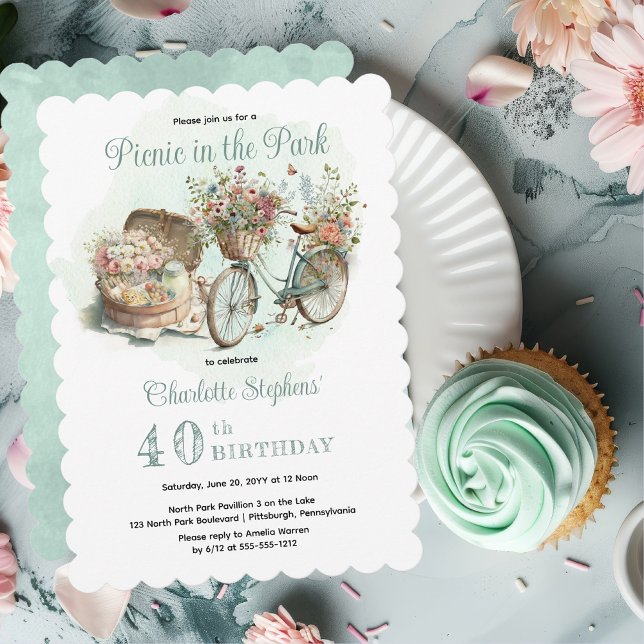 Invitación Picnic en el Fiesta del 40 aniversario de Park Flo (Mint Green Floral Bicycle and Picnic Basket "Picnic in the Park" 40th Birthday Party Invitation)
