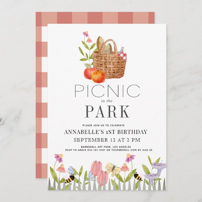 Invitación Picnic en el Parque Basket Floral Primer Cumpleaño (Anverso / Reverso)