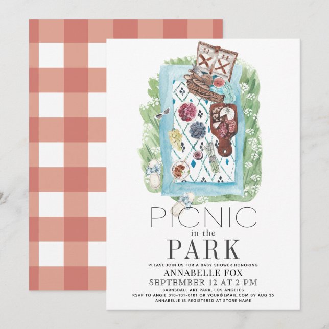 Invitación Picnic en la Baby Shower Park Watercolor (Anverso / Reverso)