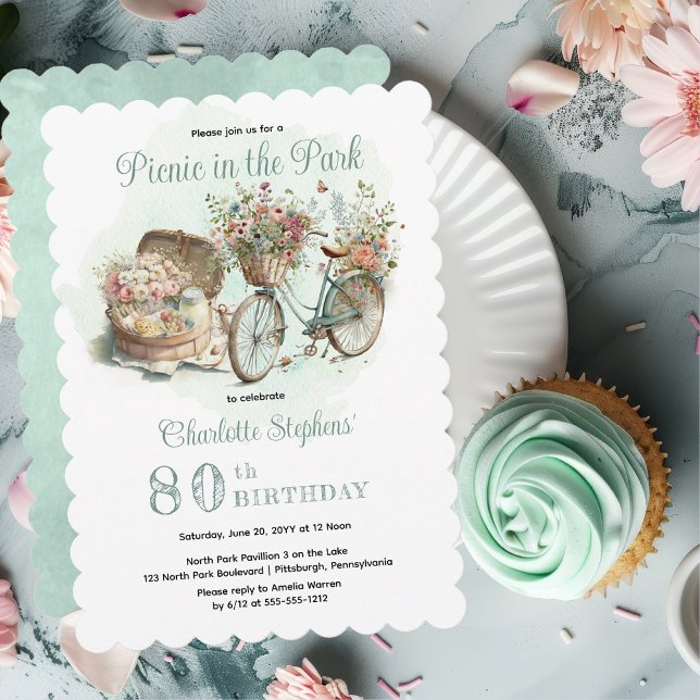 Invitación Picnic en la fiesta de cumpleaños 80 de Park Flora (Mint Green Floral Bicycle and Picnic Basket "Picnic in the Park" 80th Birthday Party Invitation)