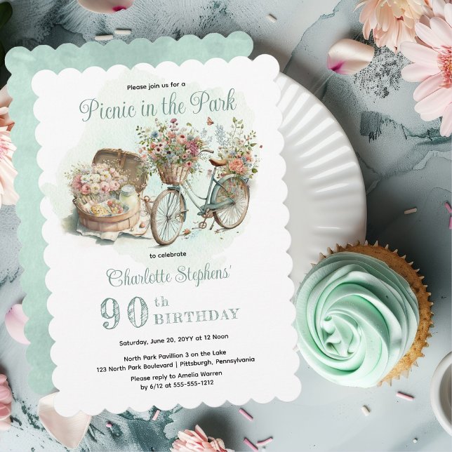 Invitación Picnic en la fiesta de cumpleaños número 90 de Par (Mint Green Floral Bicycle and Picnic Basket "Picnic in the Park" 90th Birthday Party Invitation)