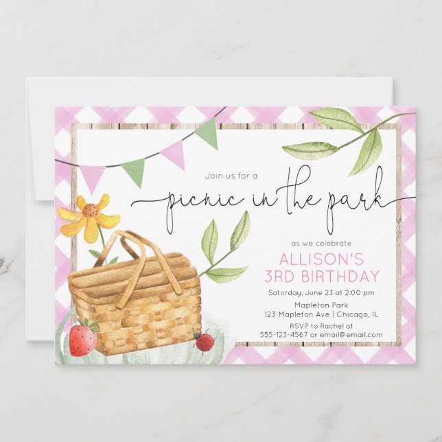Invitación Picnic en la fiesta de cumpleaños rosa del parque (Anverso)