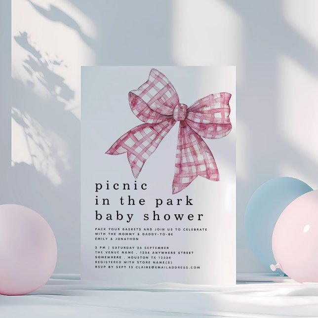Invitación Picnic en Park Pink Gingham Bow White Baby Shower (Subido por el creador)