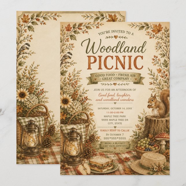Invitación Pícnic Otoñal Rústico de Cosecha en el Bosque (Anverso / Reverso)