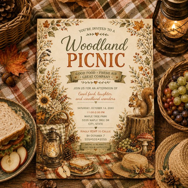 Invitación Pícnic Otoñal Rústico de Cosecha en el Bosque (Woodland picnic invitation)