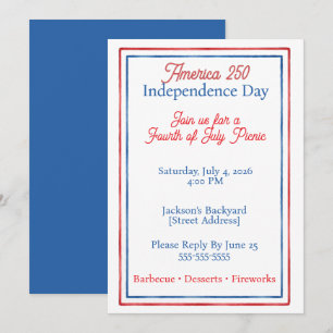 Invitación Picnic Patriótico Rojo, Blanco y Azul del 4 de Jul