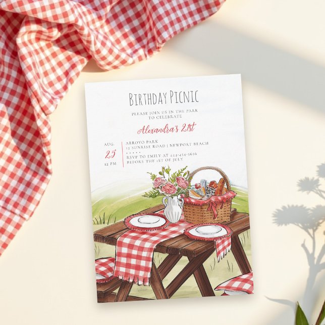 Invitación Picnic Table Basket Summer Red 21st Birthday  (birthday picnic invitation personalized red gingham watercolor park backyard party lawn casual chic)