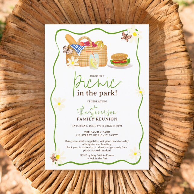 Invitación Picnic verde de verano en la reunión familiar del  (Summer green Picnic in the park family reunion Invitation )