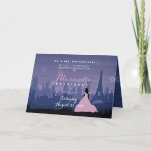 Invitación Pie azul rosa y pizarra París fuegos artificiales