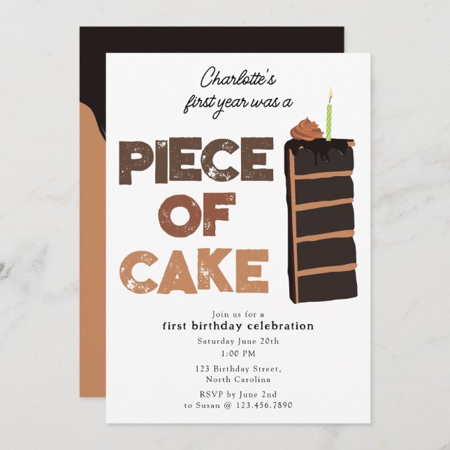 Invitación Piece of Cake Invite 1st  First Birthday Cute (Anverso / Reverso)