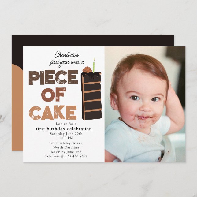 Invitación Piece of Cake Invite 1st  First Birthday Photo (Anverso / Reverso)
