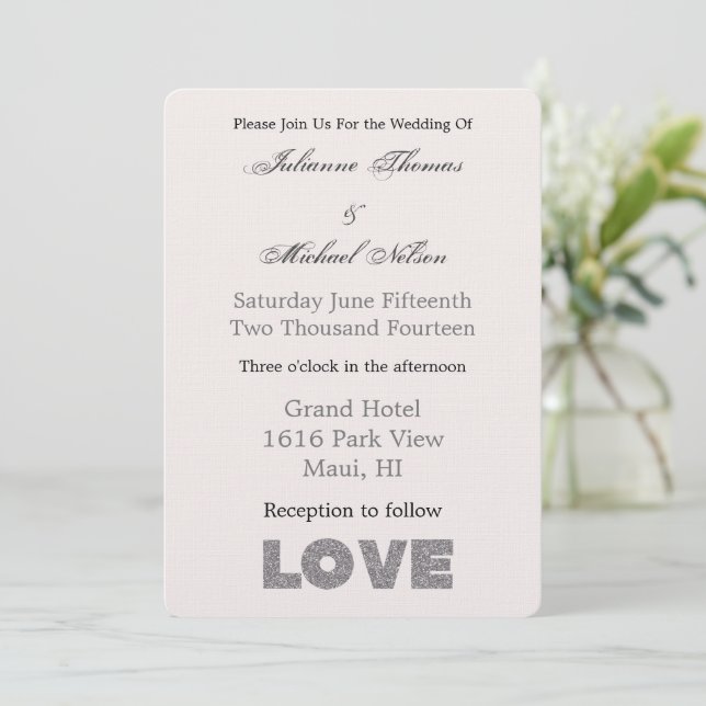 Invitación Piedra beige crema Amor plateado (Anverso de pie)