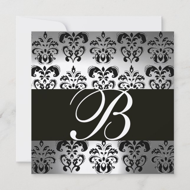 Invitación Piedra de champán BLANCA y NEGRA DAMASK MONOGRAM (Anverso)