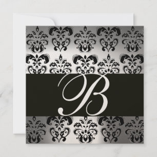 Invitación Piedra de champán BLANCA y NEGRA DAMASK MONOGRAM