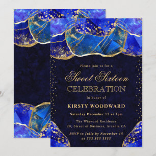Invitación Piedra de Cristal Azul Elegante Dorado Cumple Dulc