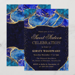 Invitación Piedra de Cristal Azul Elegante Dorado Cumple Dulc
