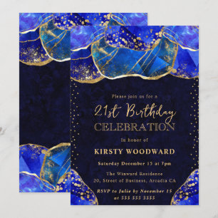 Invitación Piedra de Cristal Azul Elegante Oro Cumpleaños 21