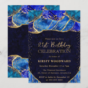 Invitación Piedra de Cristal Azul Elegante Oro Cumpleaños 21