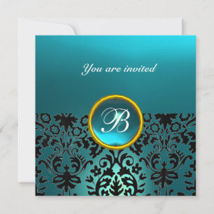 Invitación Piedra de gema de DAMASCO Monograma azul aguamarin