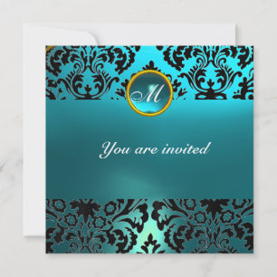 Invitación Piedra de gema de DAMASCO Monograma azul aguamarin